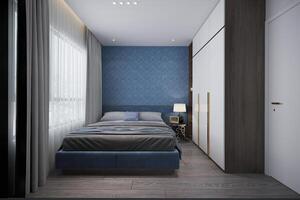 skapande en bemästra sovrum det är en skön blå säng mot de blå vägg textur. foto