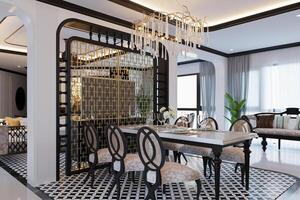 lyx och skön dining rum interiör design med klassisk möbel. foto