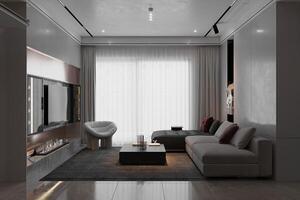 modern levande rum interiör med panorama- fönster och fåtöljer 3d tolkning foto