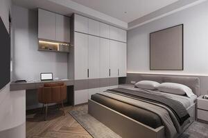 modern bemästra sovrum design använder sig av bekväm säng med vägg bakgrund panel foto