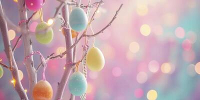 ai genererad dekorativ träd Utsmyckad med färgrik påsk ägg hängande på Det, mot en pastell bokeh bakgrund foto