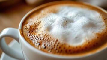ai genererad närbild se av cappuccino med mjölk skum, ai genererad. foto