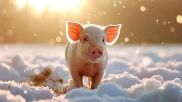 ai genererad små gris står på topp av snö, dess travar lämnar grafik i de kall vit yta, ai genererad. foto