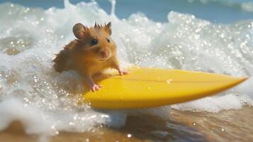 ai genererad en söt hamster surfare åtnjuter en roliga sommar dag på de strand, ridning vågor med entusiasm, ai genererad. foto