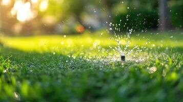 ai genererad automatiserad gräsmatta sprinkler effektivt vattnen frodig grön gräs för en vibrerande landskap. ai genererad foto