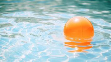 ai genererad i de soldränkt slå samman, ett uppblåsbar orange strand boll bobs försiktigt på de blänkande vatten, symboliserande roligt och avslappning. ai genererad. foto