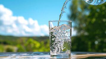 ai genererad häller vatten in i glas på tabell, grön landskap, blå himmel. ai genererad. foto