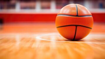 ai genererad basketboll boll centrerad i de stadion. intensiv sporter fokus, ai genererad. foto