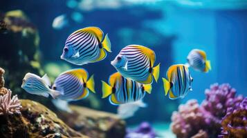 ai genererad tropisk fisk med vibrerande Ränder simma i perfekt bildning som en skola, ai genererad. foto