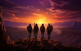 ai genererad fyra silhuetter av grupp av äventyrare stå på topp av berg och Kolla på de solnedgång. foto