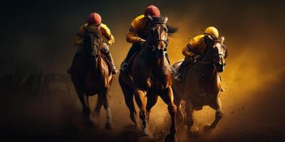 ai genererad tre tävlings hästar tävlande med varje Övrig med rörelse fläck till accent fart. dramatisk scen av häst races på solnedgång. foto