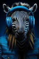 ai genererad zebra i blå hörlurar. zebra bär hörlurar och lyssnande till musik. foto