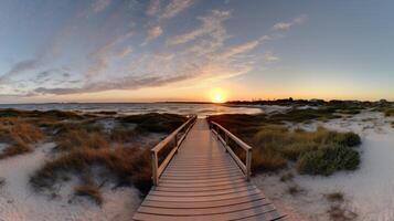 ai genererad panorama- se av en gångbro ledande till smathers strand, badade i de morgon- ljus. ai genererad. foto