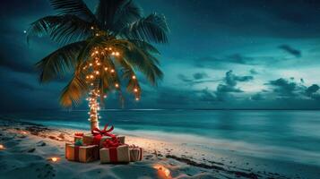 ai genererad en handflatan träd Utsmyckad med jul dekorationer står på ett exotisk strand på natt, ai genererad foto