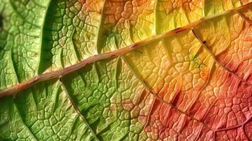 ai genererad närbild av ett höst lövs invecklad textur, visa upp vibrerande nyanser. ai genererad foto