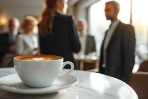 ai genererad företag människor stående runt om en tabell med kaffe foto