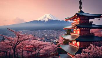 ai genererad fujiyoshida, japan skön se av berg fuji och chureito pagod på solnedgång, japan i de vår med körsbär blommar foto