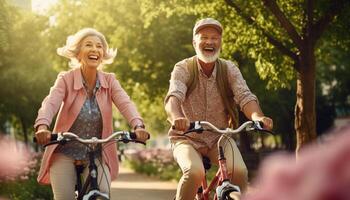 ai genererad glad aktiva senior par med cykel i offentlig parkera tillsammans har roligt livsstil. perfekt aktiviteter för äldre människor. Lycklig mogna par ridning Cyklar, cyklar i parkera foto