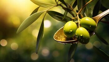 ai genererad gren av oliv frukt och oliver med droppar av olja i sked på suddig grön bakgrund foto