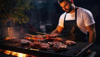 ai genererad en man kockar en kött biff på träkol grill. utegrill fest. biffar matlagning över flammande grill foto