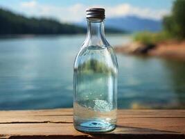 ai genererad en glas flaska med transparent kristall artesisk vatten foto