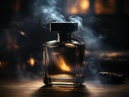 ai genererad en glas flaska av parfym, i svart toner, i rök foto