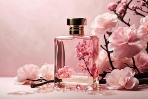ai genererad rektangulär attrapp av en parfym flaska i rosa toner, stänk av vatten, rosa blommor på träd grenar foto