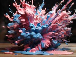 ai genererad frysta ögonblick fångande de skön kaos av rosa och blå måla exploderande utåt i en dynamisk och färgrik visa foto