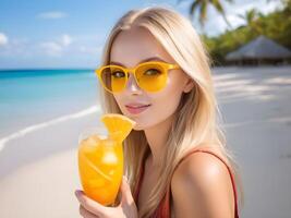 ai genererad Lycklig kvinna med solglasögon och en glas av orange juice på tropisk strand. foto