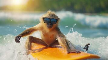 ai genererad en söt gibbon surfare åtnjuter en roliga sommar dag på de strand, ridning vågor med entusiasm, ai genererad. foto