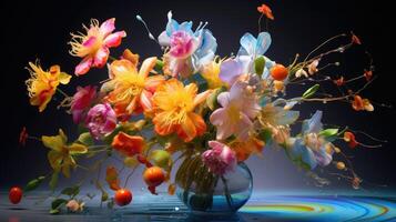 ai genererad abstrakt, ljus, och vibrerande blommor brista från en lång vas, fångande en dynamisk visa av Färg och energi. ai genererad. foto