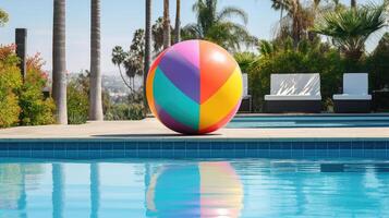 ai genererad klassisk färgrik strand boll vilar på de slå samman däck, frammanande sommar roligt. ai genererad. foto