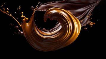 ai genererad lyxig smält choklad virvla runt med dynamisk stänk skapar en ljuvlig visuell mästerverk. ai genererad. foto