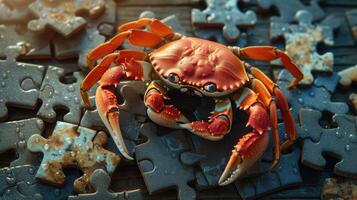 ai genererad söt krabba uppslukad i en kontursåg pussel, tillsats en nyckfull Rör, ai genererad. foto