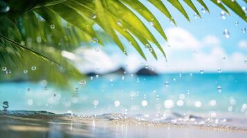 ai genererad solbelyst vatten bubblor gnistra på de Strand, åtföljs förbi en handflatan blad ormbunksblad på en tropisk strand. ai genererad. foto