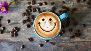 ai genererad cappuccino kaffe med Lycklig smiley ansikte, ai genererad. foto