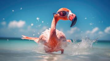 ai genererad erfarenhet de intensitet av ett flamingo hoppa till de strand i en fantastisk närbild Foto, ai genererad. foto