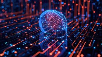 ai genererad en neuralt krets flätas samman med ett elektronisk cyber hjärna i en kvant datoranvändning systemet. futuristisk, ai genererad. foto