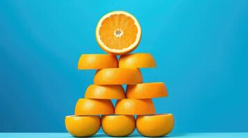 ai genererad färsk orange skivor på vibrerande blå. en brista av citrus, ai genererad. foto