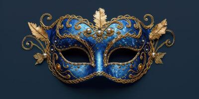 ai genererad utsmyckad venetian karneval mask Utsmyckad med guld dekorationer mot en djup blå bakgrund. ai genererad. foto