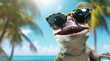 ai genererad erfarenhet de intensitet av ett gecko hoppa till de strand i en fantastisk närbild Foto, ai genererad. foto