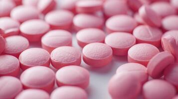 ai genererad rosa läsplatta piller ordentligt anordnad på en vit bakgrund, symboliserar medicinsk vård och välbefinnande, ai genererad. foto