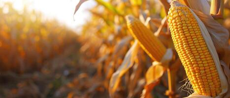 ai genererad majs kolvar stå lång i en frodig majs plantage fält, mogen för skörda, ai genererad. foto