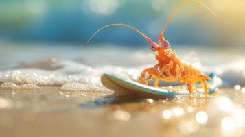 ai genererad en söt mantisräka surfare åtnjuter en roliga sommar dag på de strand, ridning vågor med entusiasm, ai genererad. foto