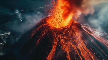 ai genererad ett aktiva vulkan släpper lös en kolossal utbrott, en hisnande visa av naturens raseri, ai genererad. foto