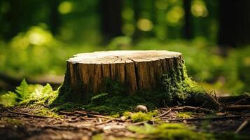 ai genererad en moss-täckt träd stubbe blandningar sömlöst i de lugn skog miljö. ai genererad foto