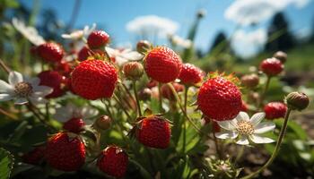 ai genererad friskhet av sommar mogen jordgubbe, hallon, och organisk bär frukt genererad förbi ai foto
