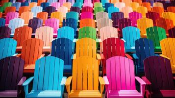 ai genererad rader av färgrik stolar skapa en livlig och dynamisk scen, en brista av kromatisk harmoni, ai genererad. foto