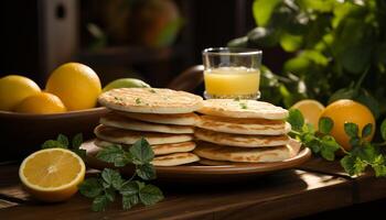 ai genererad färsk, friska måltid hemlagad pannkaka stack med citrus- frukt genererad förbi ai foto