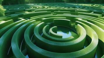 ai genererad korsa genom en vibrerande grön labyrint ledande till en cirkulär Centrum, ai genererad. foto